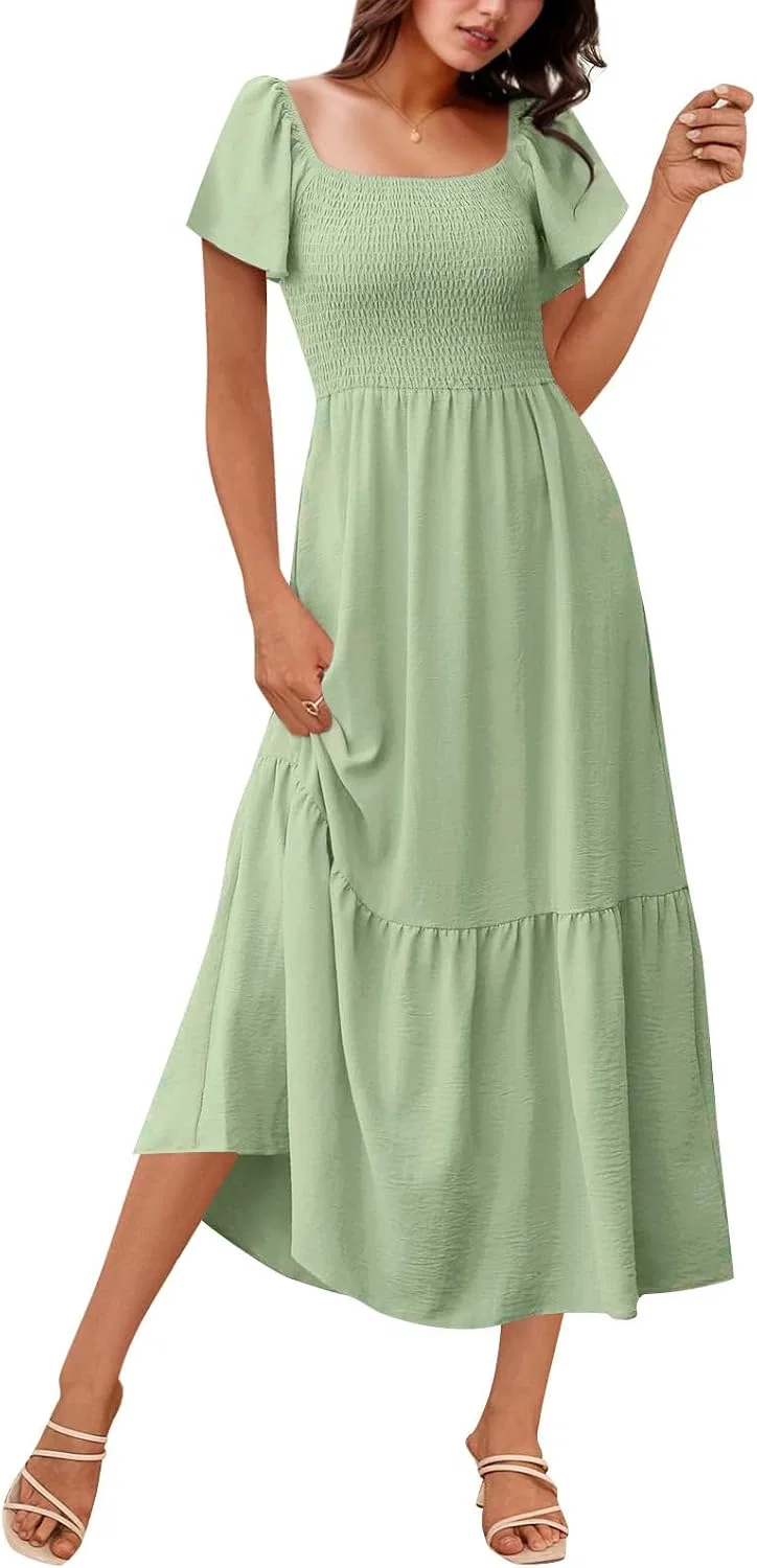 Женское платье миди с квадратным вырезом Tiered Smocked Dress Generic, Light Green — фото 2