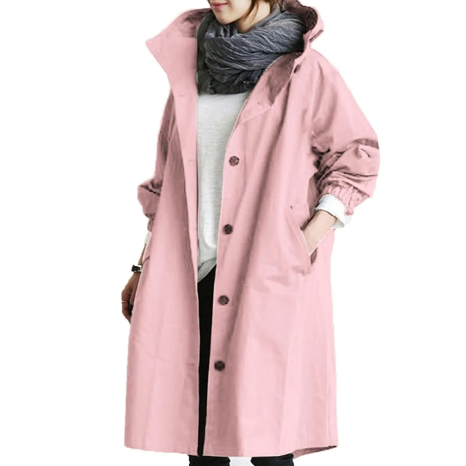 Женский тренч с капюшоном длинный легкий ветрозащитный однобортный Casual Solid Sleeve, rosa — фото 2