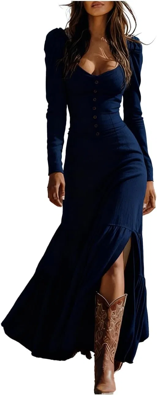 Женское повседневное платье макси с квадратным вырезом, Navy Blue
