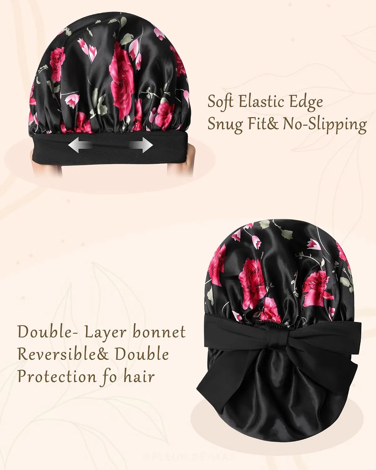 Шапочка для душа Satin Sleep Bonnet, CHLINS, черный цветок и черный — фото 4