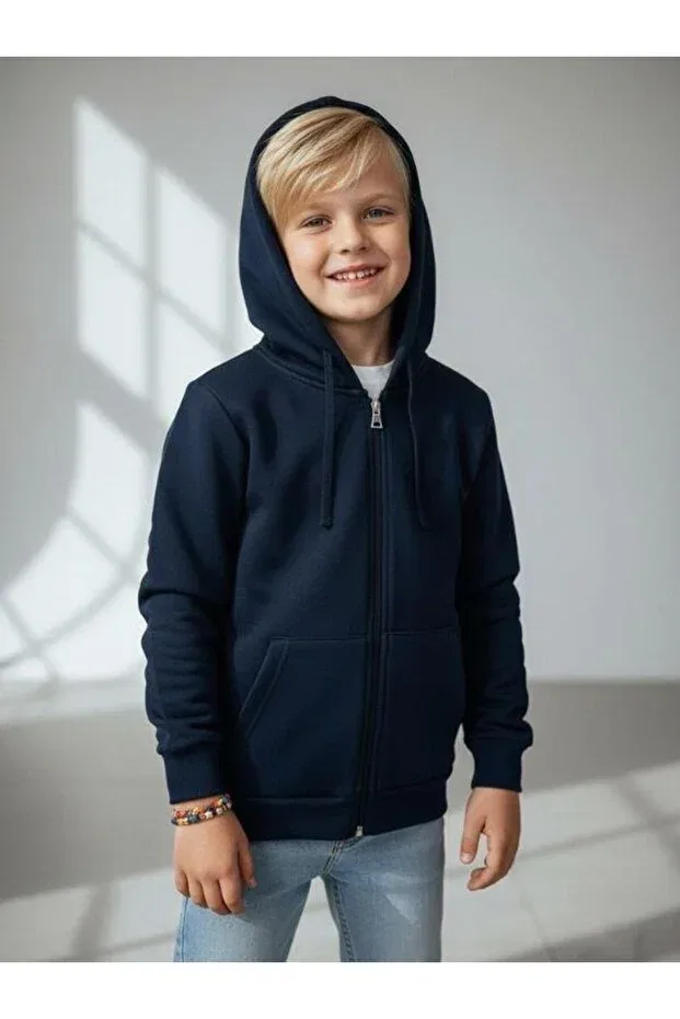 Детское пальто-кардиган на молнии с капюшоном хлопковое Zekids, Navy Blue — фото 2