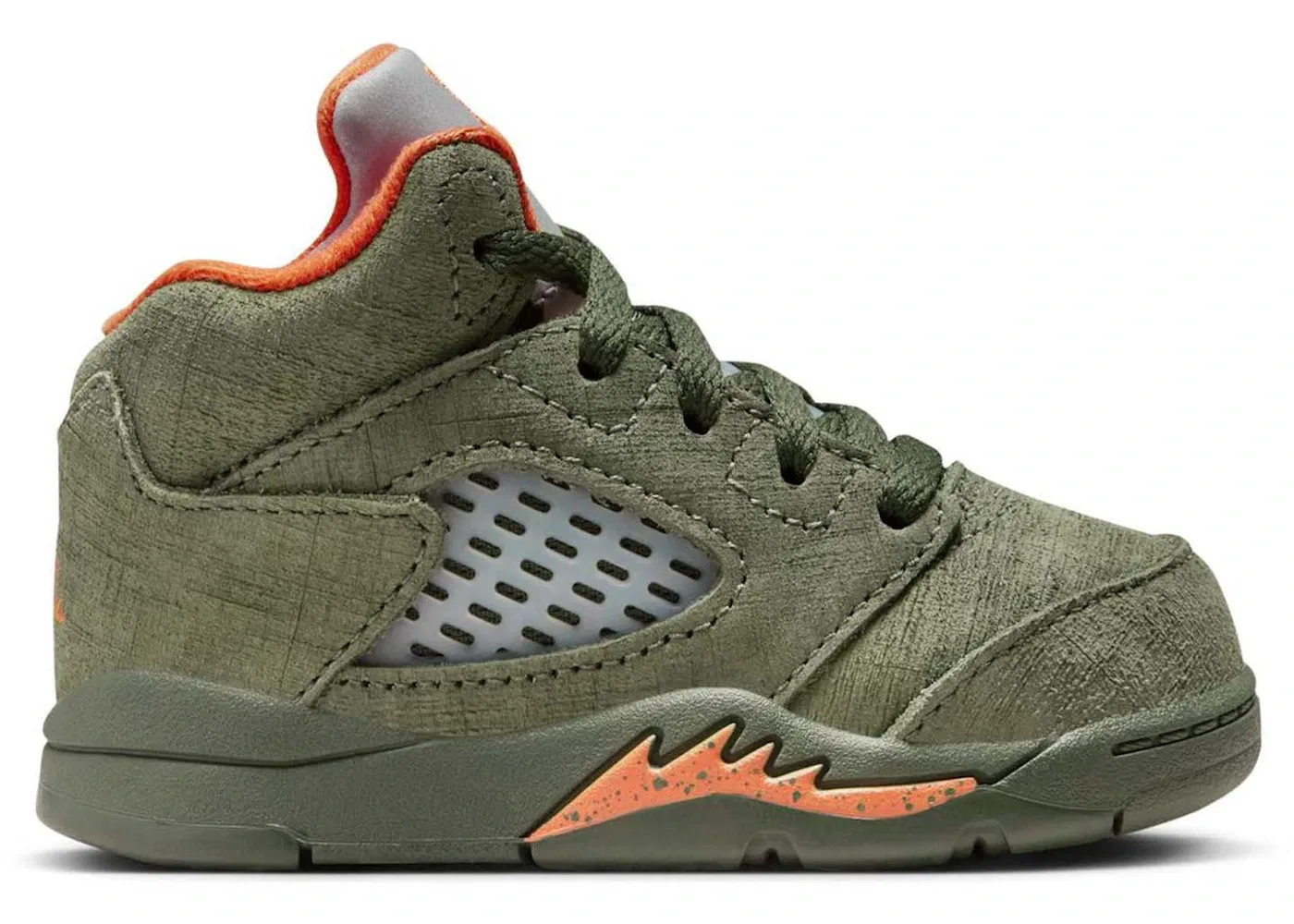 Детские кроссовки с шнуровкой Jordan 5 Retro Olive (2024) (TD) Jordan, Army Olive/Solar Orange