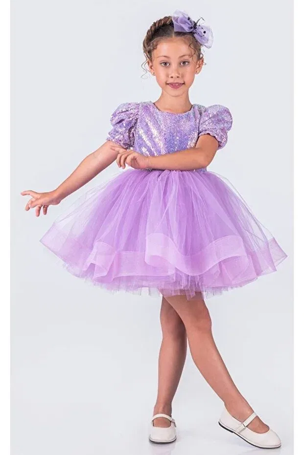 Детское платье для девочек с пайетками Lilac sequined short sleeve ball gown pageant gown april 23 kids evening dress Abiyekids, Lila — фото 2
