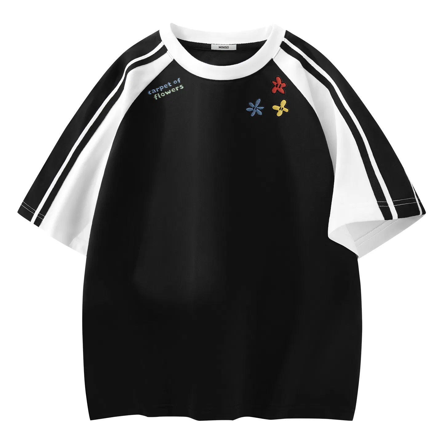 Футболка детская с принтом MINISO, Cotton-Like Fit Black Ma Large Multicolor Velvet Flower Front Neck