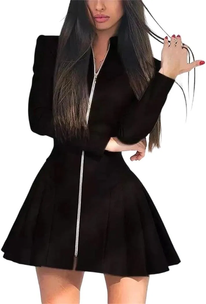 Женское мини-платье плиссированное из кожи с длинным рукавом, Black