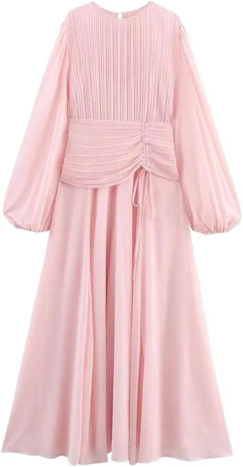 Женское повседневное платье с завышенной талией и пышными рукавами, Pink