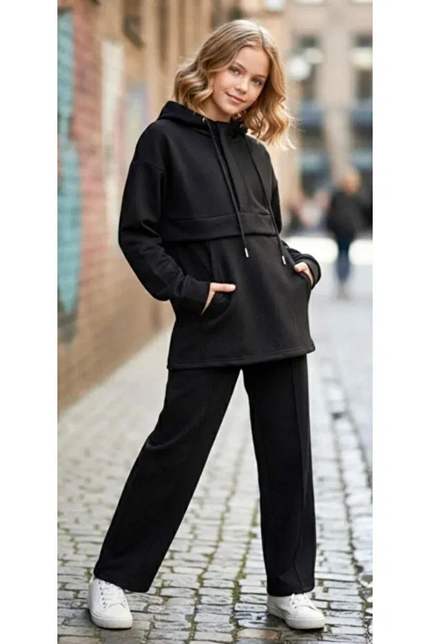 Детский комплект из туники и брюк с капюшоном Oversize Asortix, Black