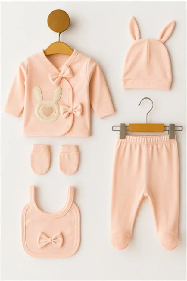 Детский комбинезон для новорожденных с принтом Organic baby girl rabbit patterned 5-piece jumpsuit hospital release newborn outfit baby bib Bamoola For Babies, Beige Rabbit — фото 4