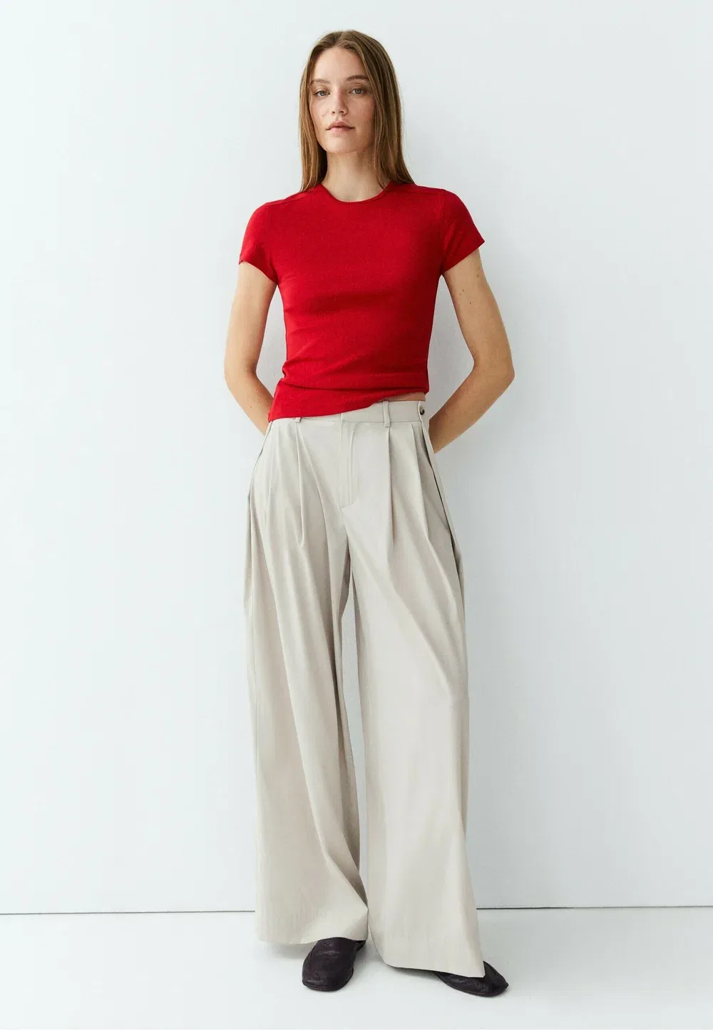 Футболка с коротким рукавом из смесовой хлопковой ткани - базовая футболка Massimo Dutti, Red — фото 4