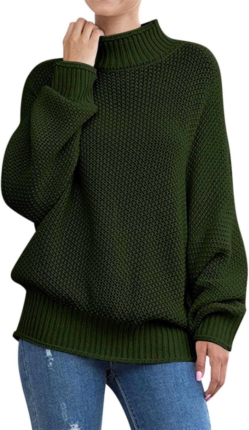 Женский свитер с высоким воротом oversize batwing с длинным рукавом, чёрно-/зелёный