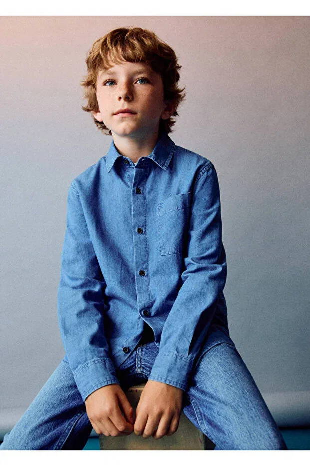 Детская джинсовое джинсовая рубашка с длинным рукавом Mango Kids, Dark Blue — фото 3
