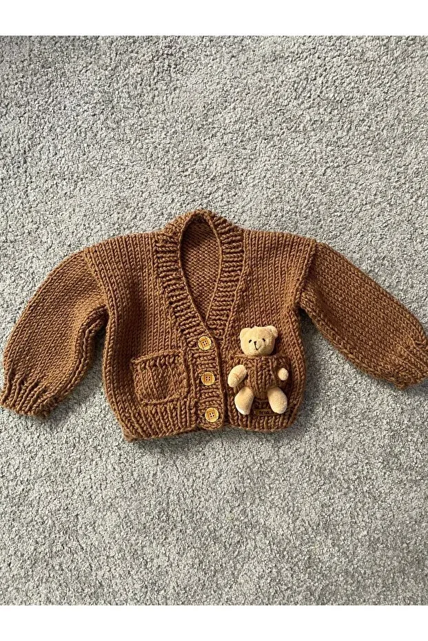 Детский кардиган для мальчиков с принтом Hand knitted teddy bear detailed boy's cardigan Nevalin, Brown