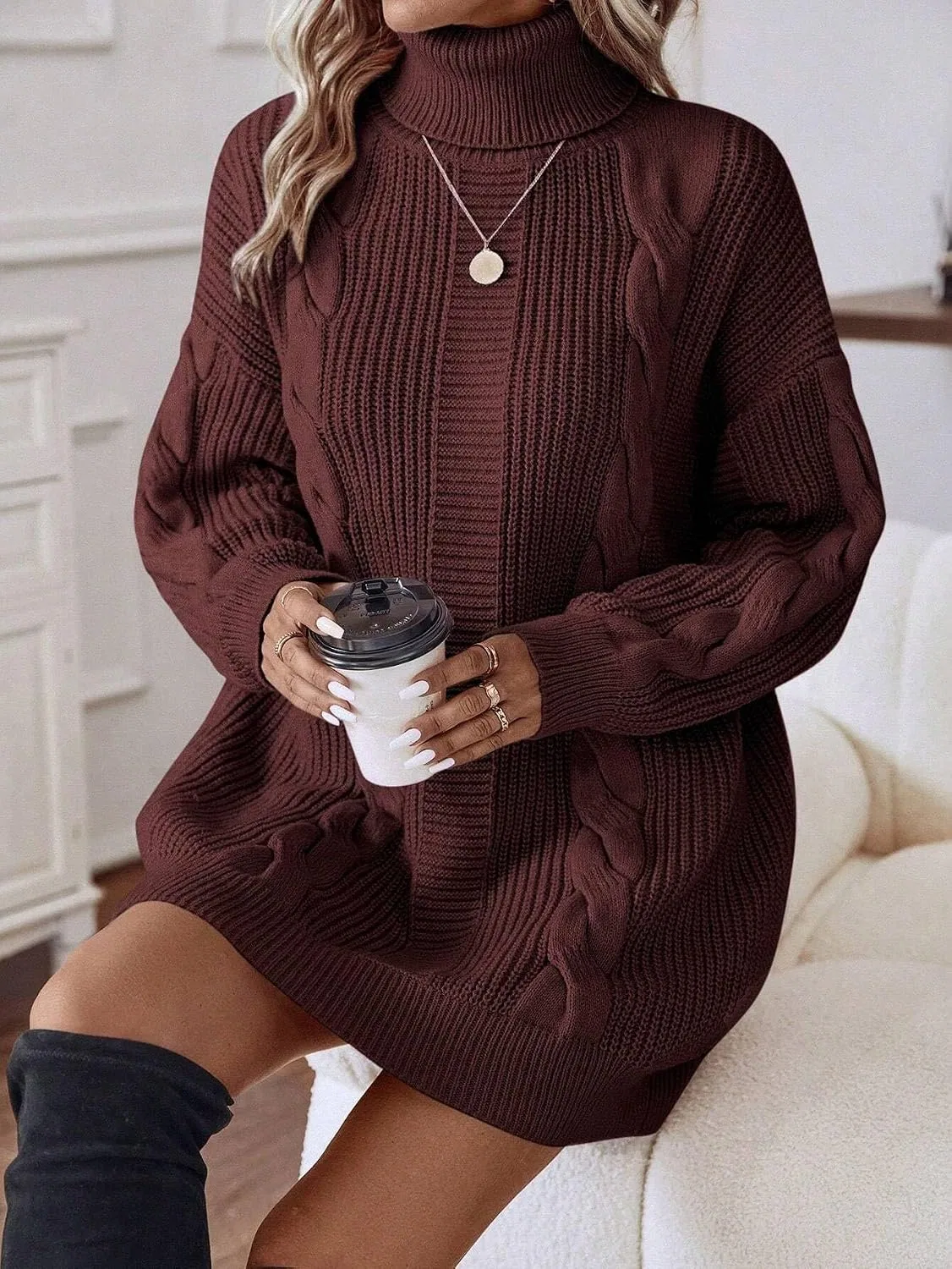 Женское свободное платье-свитер с высоким воротником, Coffee Brown — фото 2