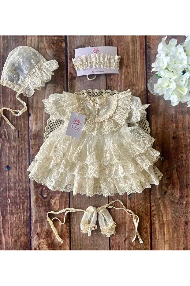 Детский комплект для девочек с кружевным платьем и юбкой Butik, Ecru