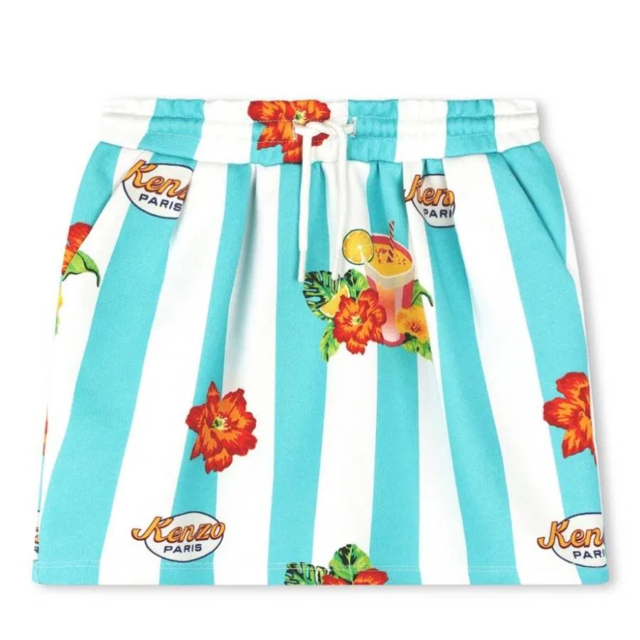 Юбка хлопковая с принтом Girls Stripe Floral Print Cotton Skirt Kenzo, Ivory