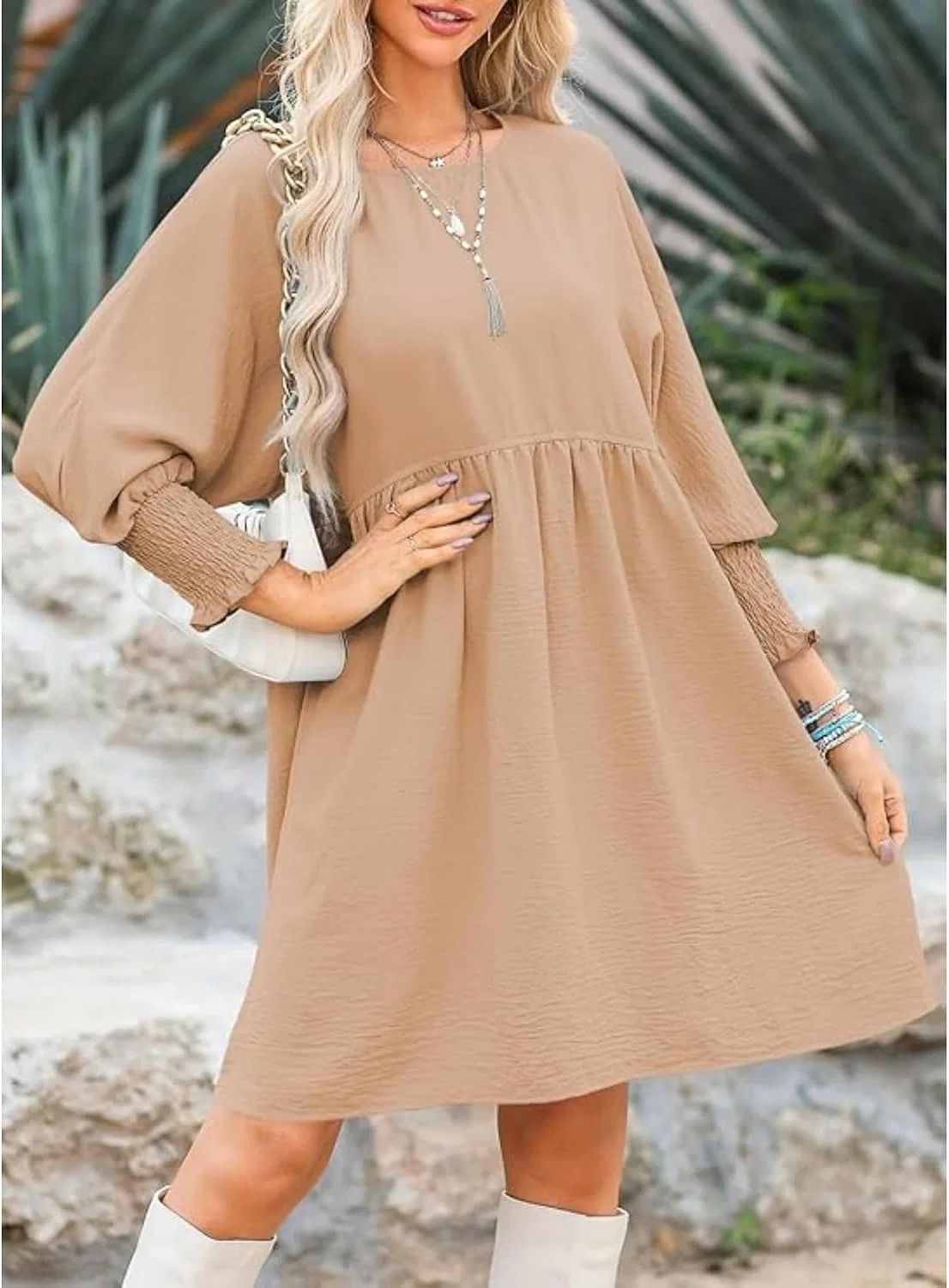Женское мини-платье с пышными короткими рукавами Babydoll, Khaki — фото 3