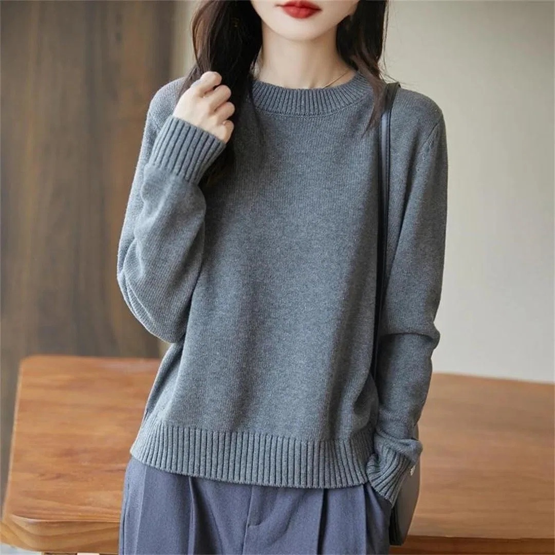 Женский свитер с круглым вырезом, хлопковый, Pullover, белый — фото 3