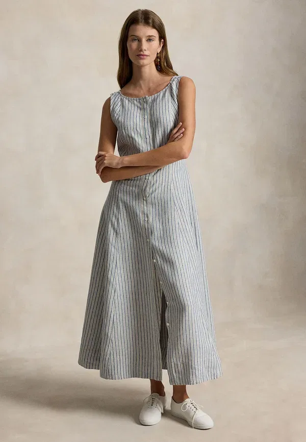 Платье рубашка с полосками Striped paneled linen dress Polo Ralph Lauren, синий — фото 4