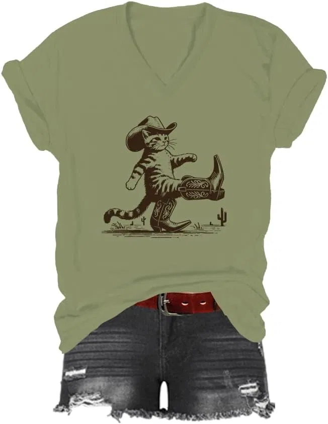 Женская футболка с принтом V-образным вырезом Western Cowboy Cat, Green