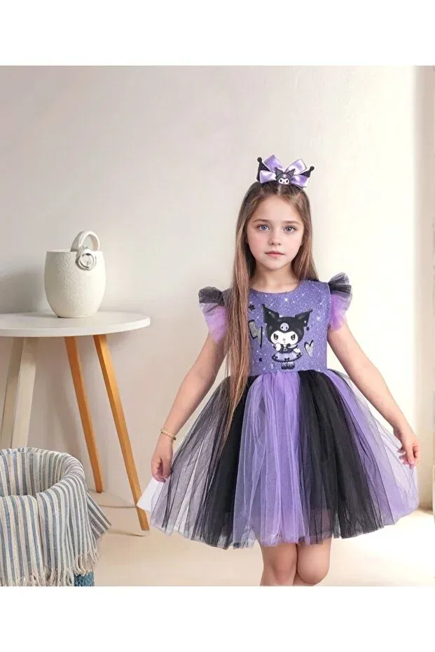 Детское платье для девочек с принтом Kuromi children's dress including crown aby4481 Abiyekids, Purple — фото 2