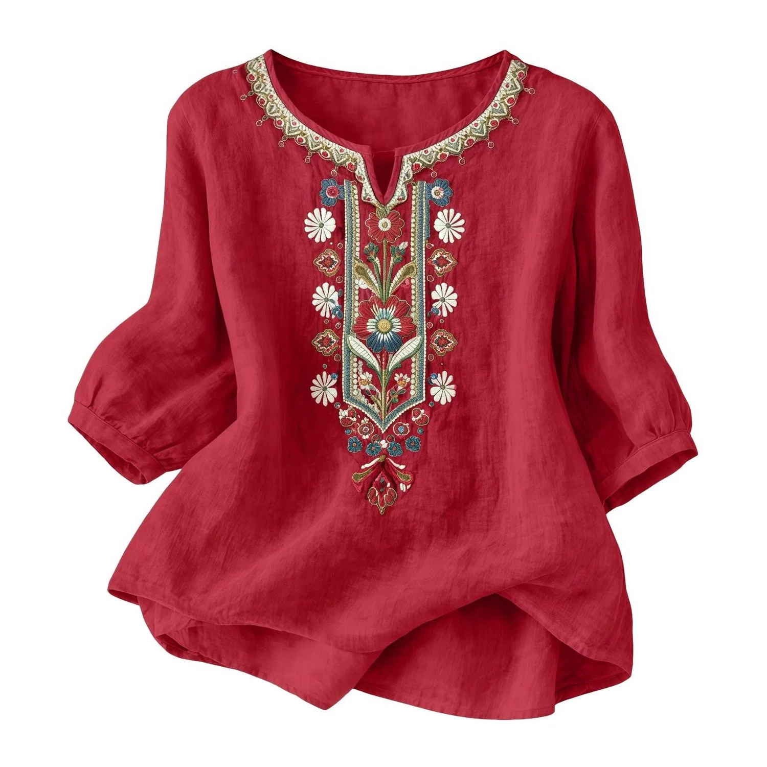 Женская блуза с принтом Women Linen Shirt 3/4 Sleeves Casual Vintage Floral Embroidery Print Chinese Shirts Summer Boho Tops Comfortable Blouses for Women, Z06-red