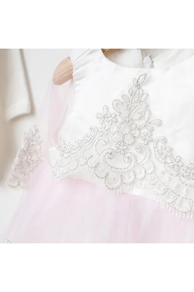 Детский комплект для девочек кружевной Mevlüt french lace 6-piece dress with headscarf & blanket for special occasions - mother baby set Lisaloom, Pink — фото 3