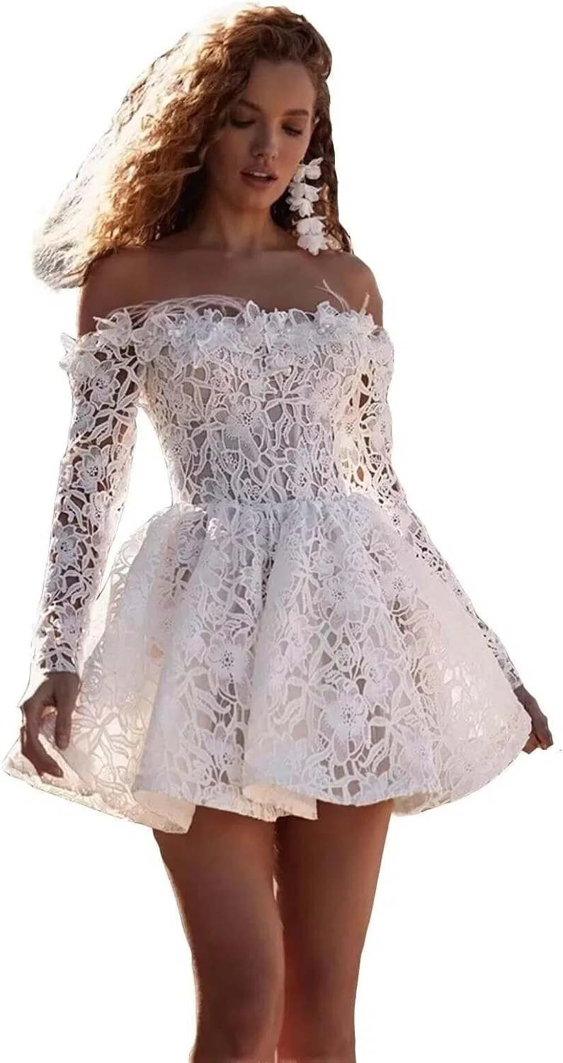 Женское короткое свадебное платье с кружевными аппликациями, White
