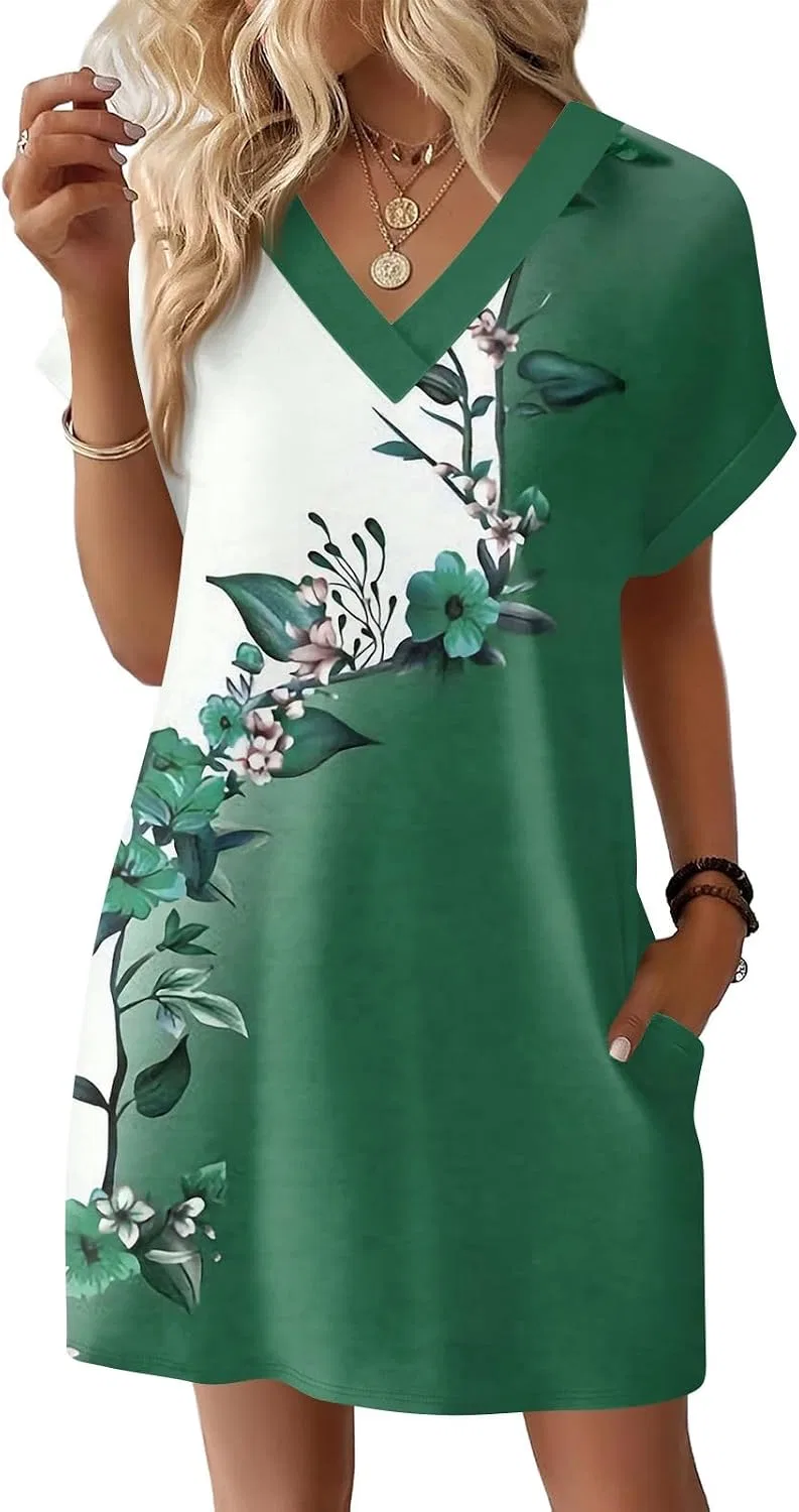 Женское летнее платье с V-образным вырезом Casual, Green