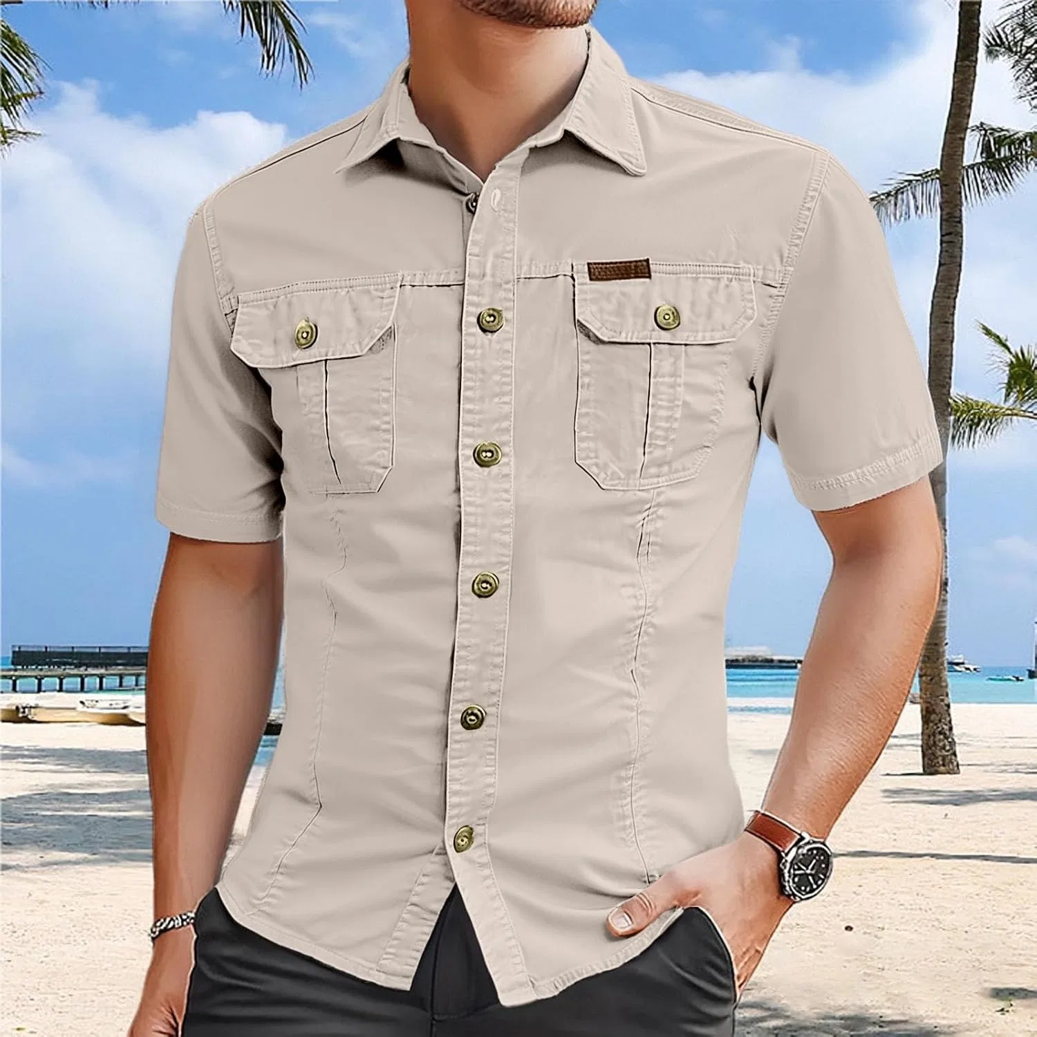 Мужская хлопковая рубашка с коротким рукавом, Cargo Shirt, бежевый — фото 2