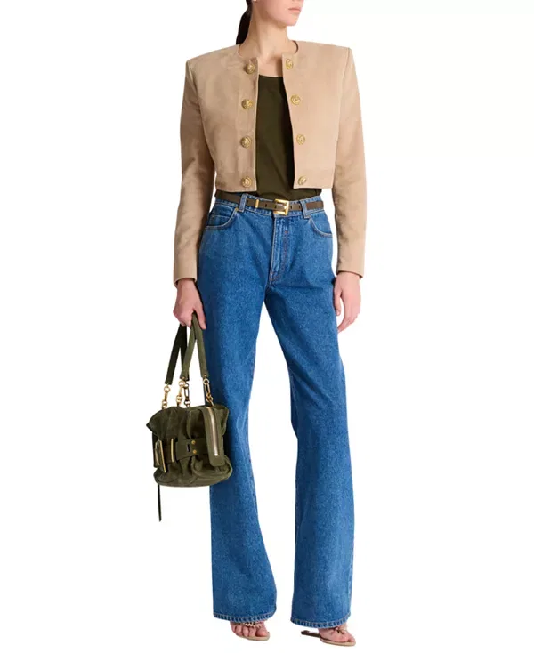 Женская куртка из замши Cropped Suede Leather Jacket Balmain, бежевый — фото 2