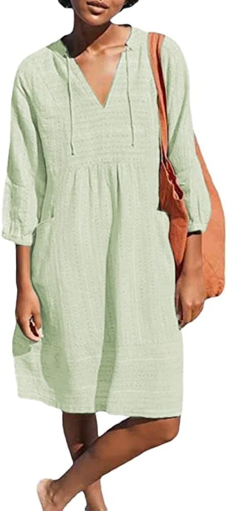 Женское свободное платье миди с V-образным вырезом Cotton Linen, Green