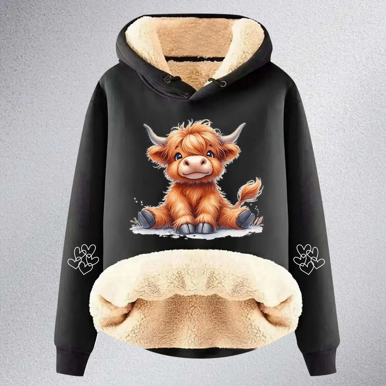 Женское пальто из флиса с капюшоном, однотонное, тёплое, Nero — фото 2
