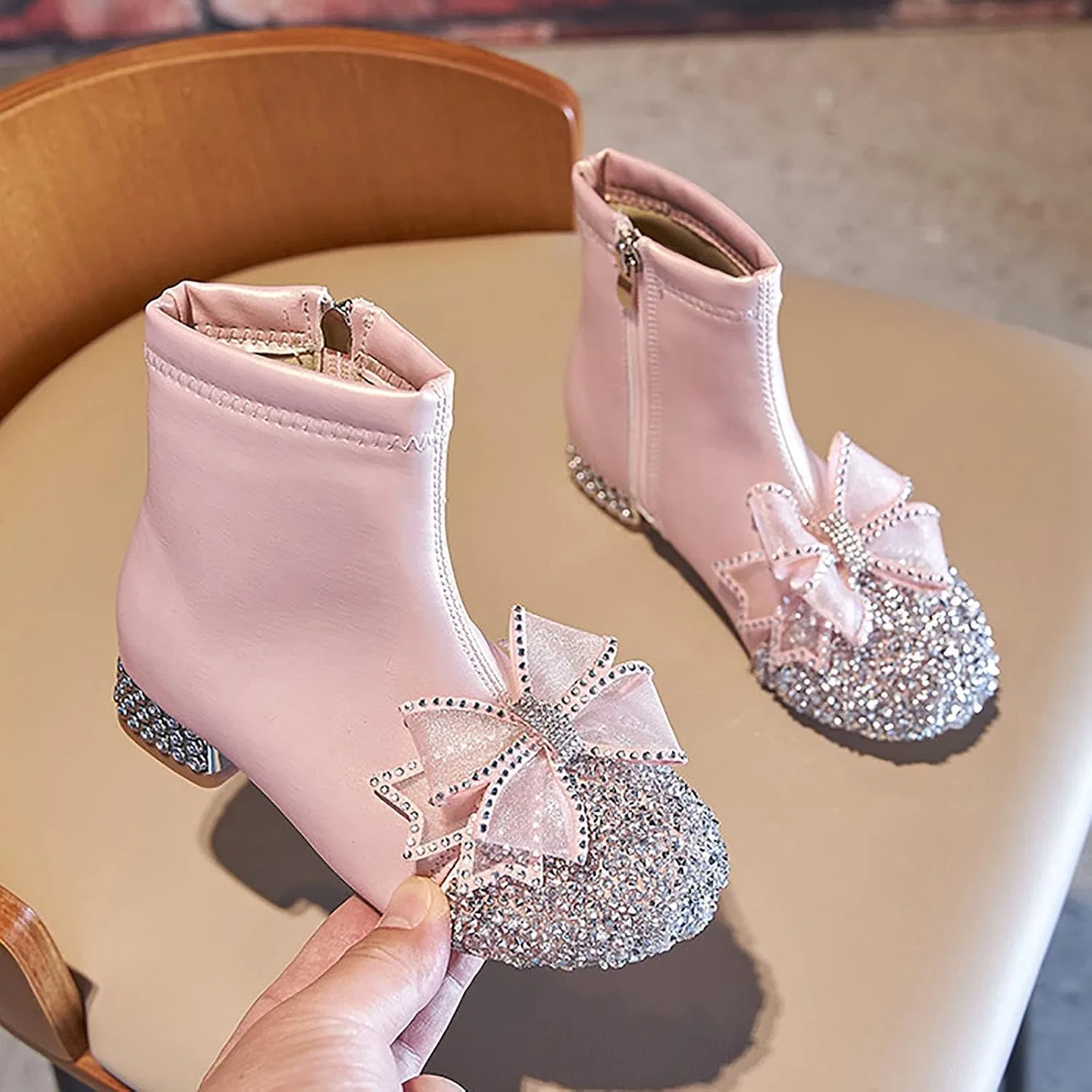 Детские ботинки для девочек с бантом и блестками, Pink — фото 2
