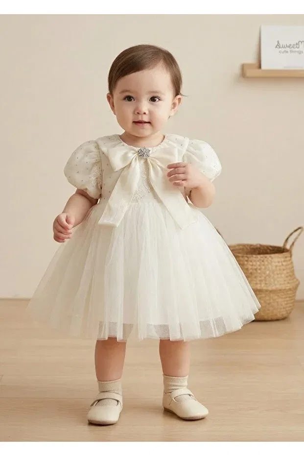Детское платье для девочек с коротким рукавом-рюш Big Satin Bow Birthday Dress Wedding Evening Dress Princess Model Sweetme, Ecru — фото 4