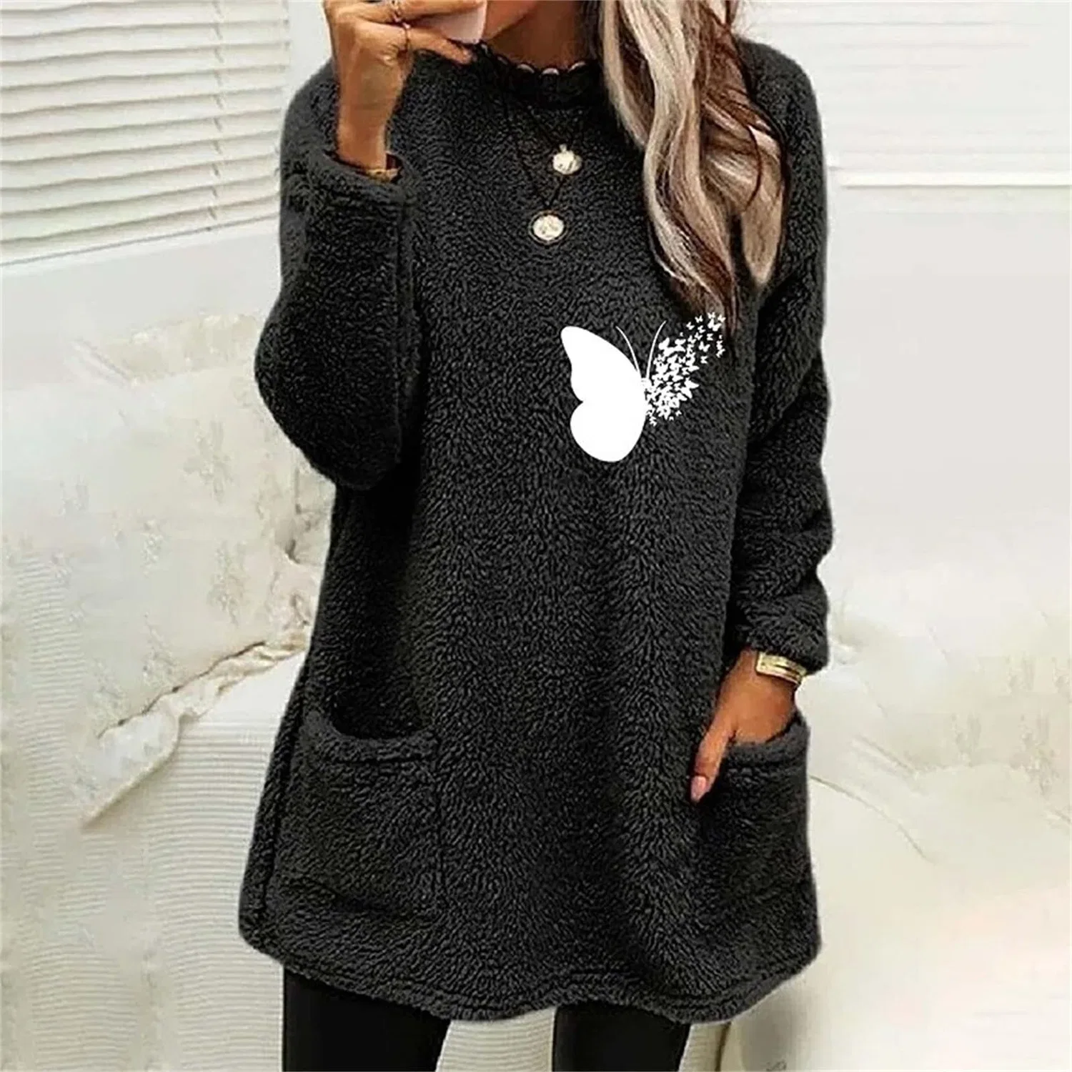 Женское зимнее пальто свободного кроя с длинным рукавом и вышивкой, Black — фото 3