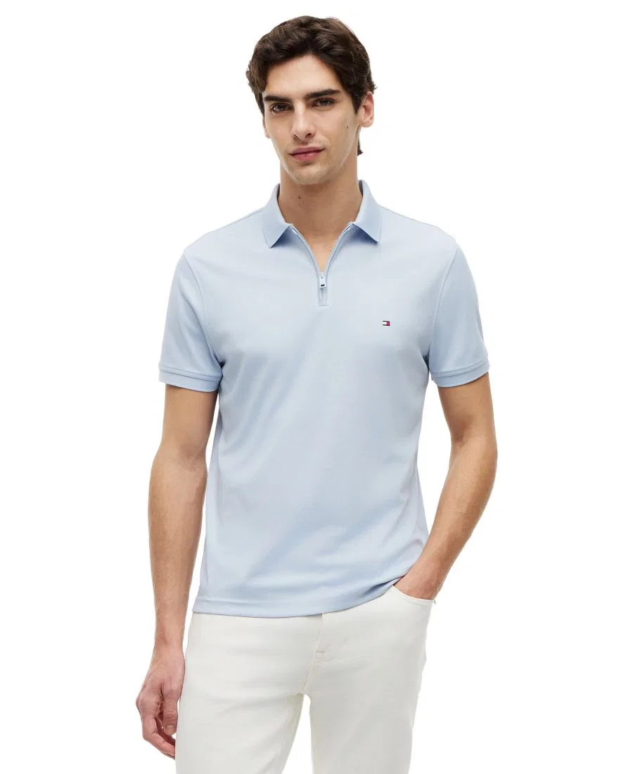 Поло с коротким рукавом, на молнии, хлопковое Tommy Hilfiger, Breezy Blue/White