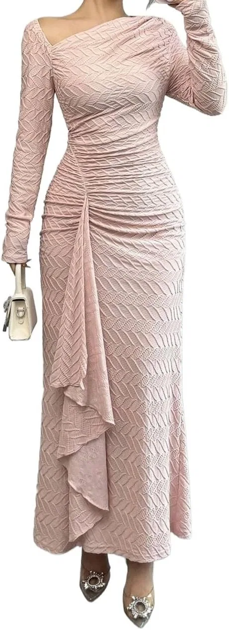 Женское элегантное платье с поясом, длинное Casual, Pink