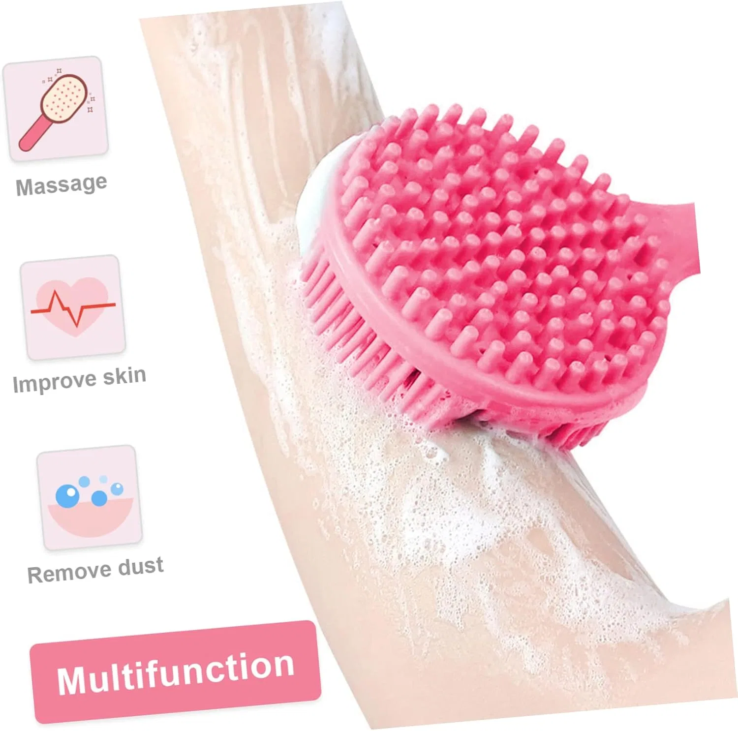 Силиконовая щетка для тела с длинной ручкой Healeved, 3 шт, Pink — фото 4