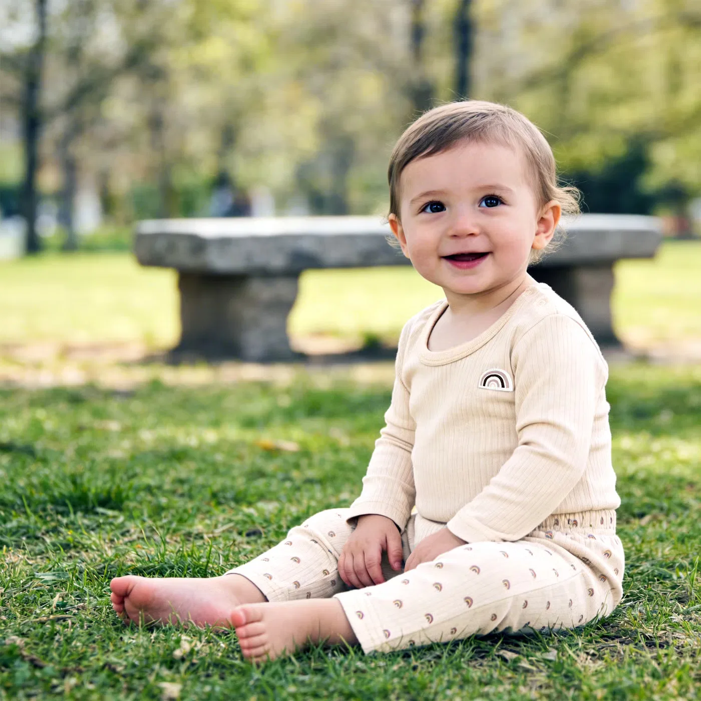 Babies Basic Комплект боди-комбинезон и пижама с принтом из рубчатого хлопка, кремовый — фото 2
