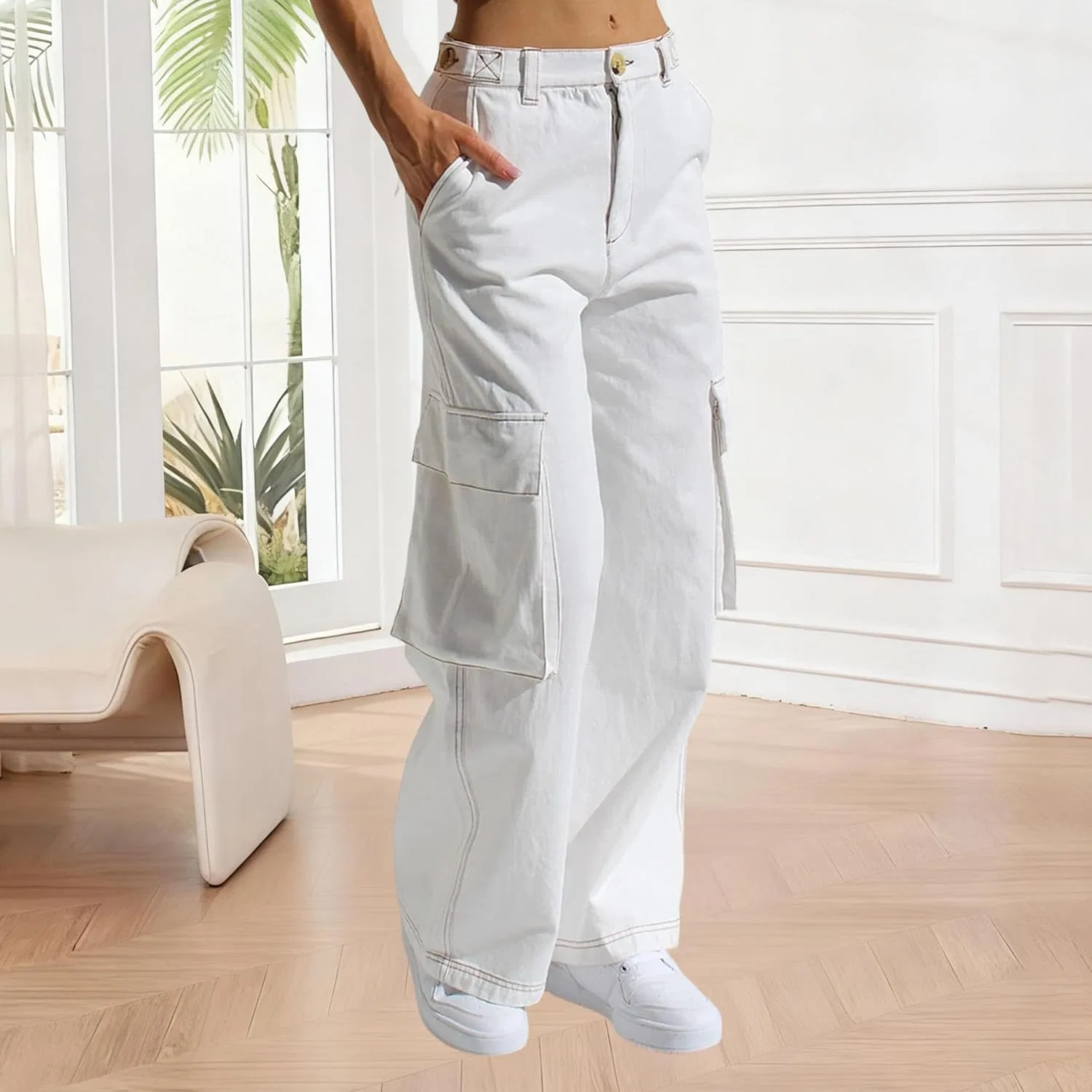 Джинсы свободные, Military, White — фото 3