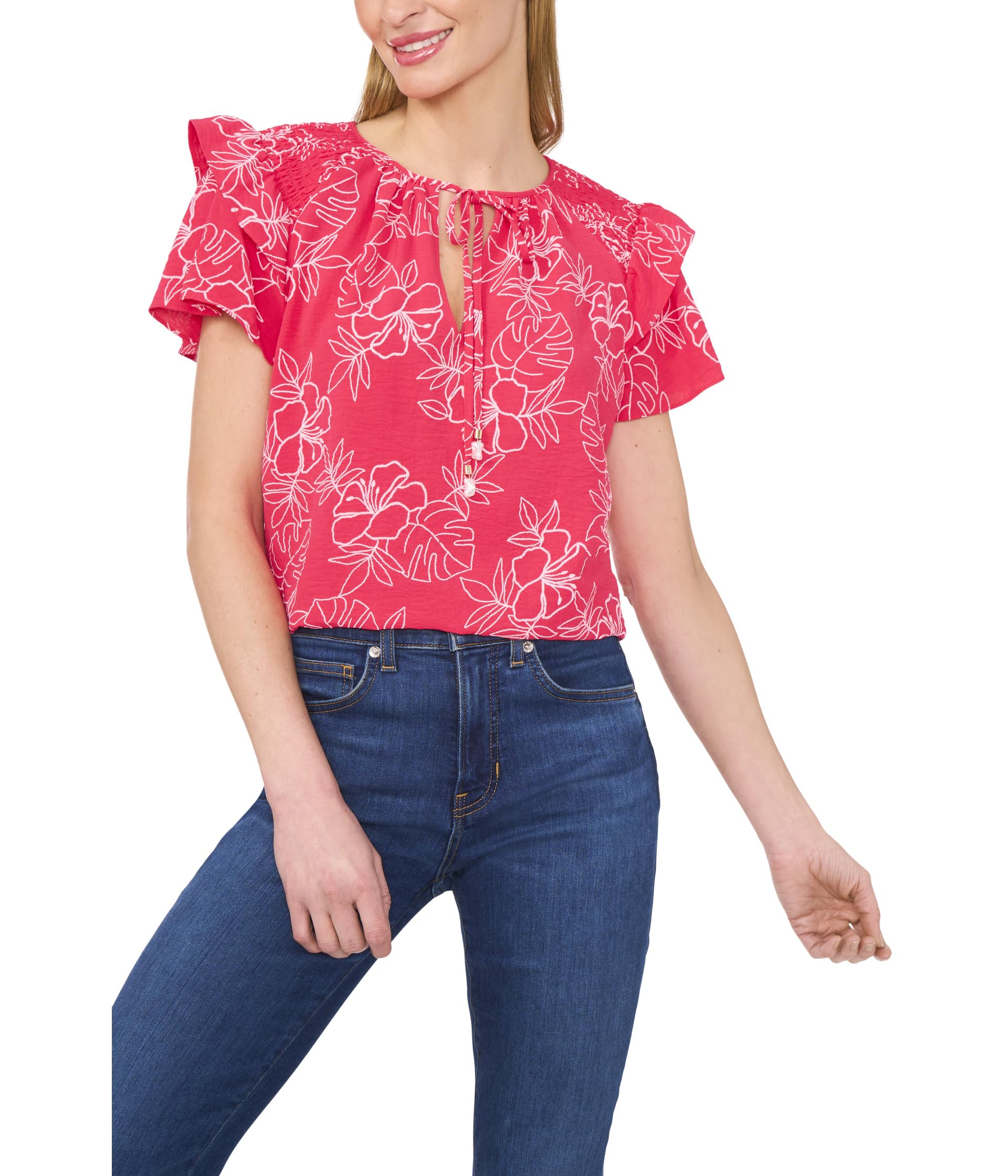 

Топ CeCe Shoulder Smocking Ruffle Sleeve Tie Top, Magenta