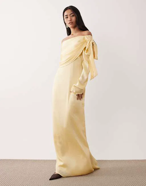 

Pretty Lavish satin one shoulder bow maxi dress in lemon