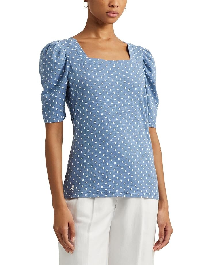 

Футболка LAUREN Ralph Lauren Polka-Dot Slub Jersey Puff-Sleeve, цвет Blue/Cream