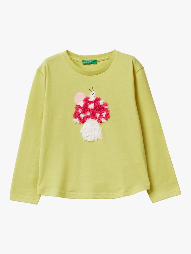 

Детская хлопковая футболка с длинным рукавом и принтом Benetton, Green