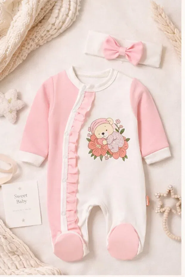 Детский комбинезон для новорожденных с принтом Bamoola, Pink Bear — фото 4