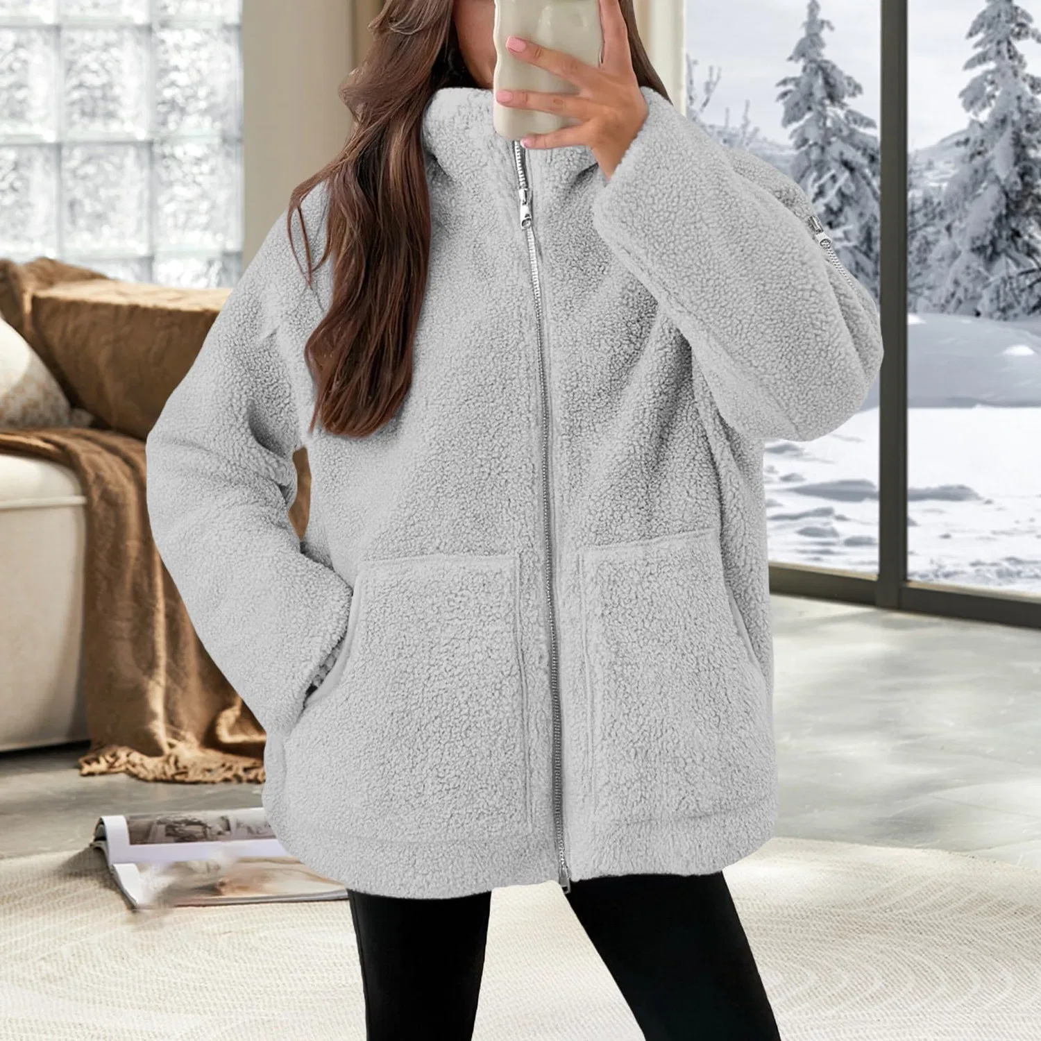 Женская флисовая куртка с принтом Oversized Fleece Jacket, Cenere Chiaro — фото 2