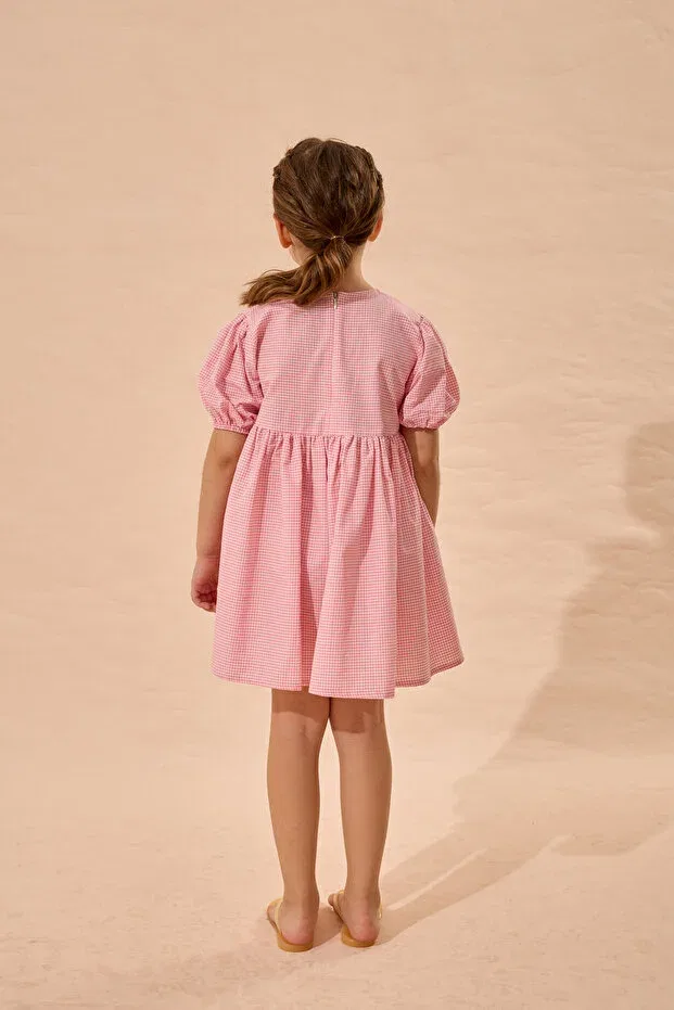Детское платье для девочек с коротким рукавом Rabbit Embroidered Gingham Dress Fahhar Kids, Pink — фото 4