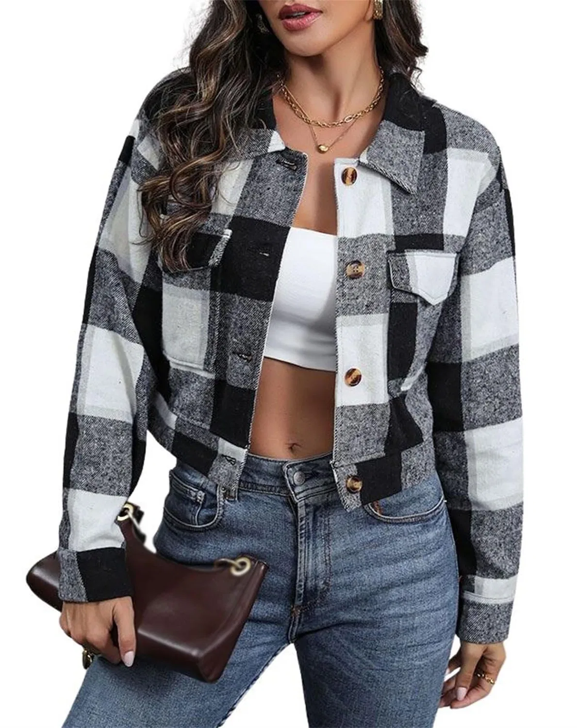 Женская куртка из фланели с длинным рукавом Plaid Flannel Jacket, White