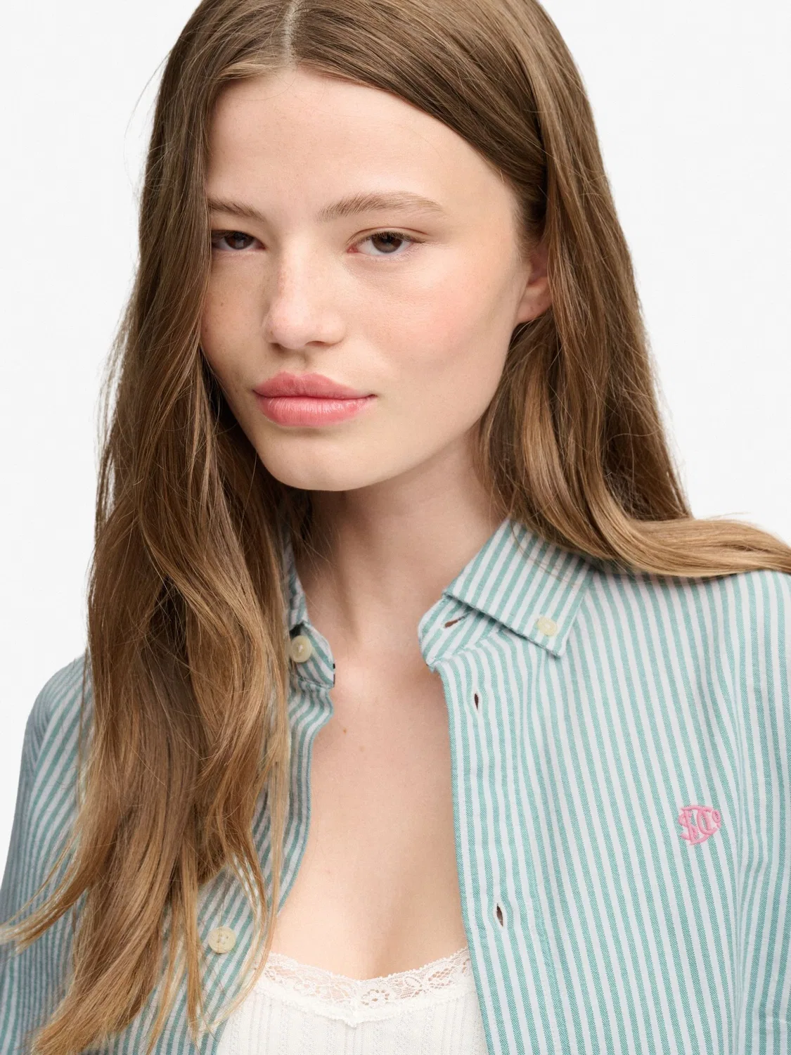 Рубашка оксфордская Slim Oxford Superdry, зелено-белая полоска — фото 3