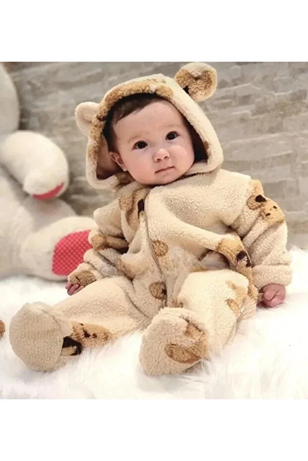 Детский комбинезон-куртка с искусственным мехом, с капюшоном, на молнии Unisex baby welsoft plush coat-jumpsuit hooded zippered teddy bear winter 3 tog double layer Nevrankids, Beige